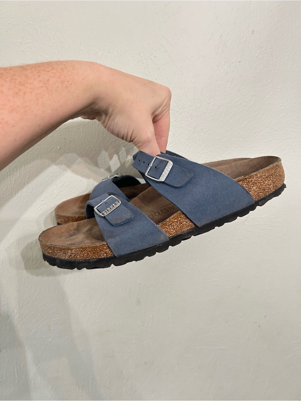 Birkenstock Blue Suede Two-Buckle Sandals, silver hardware